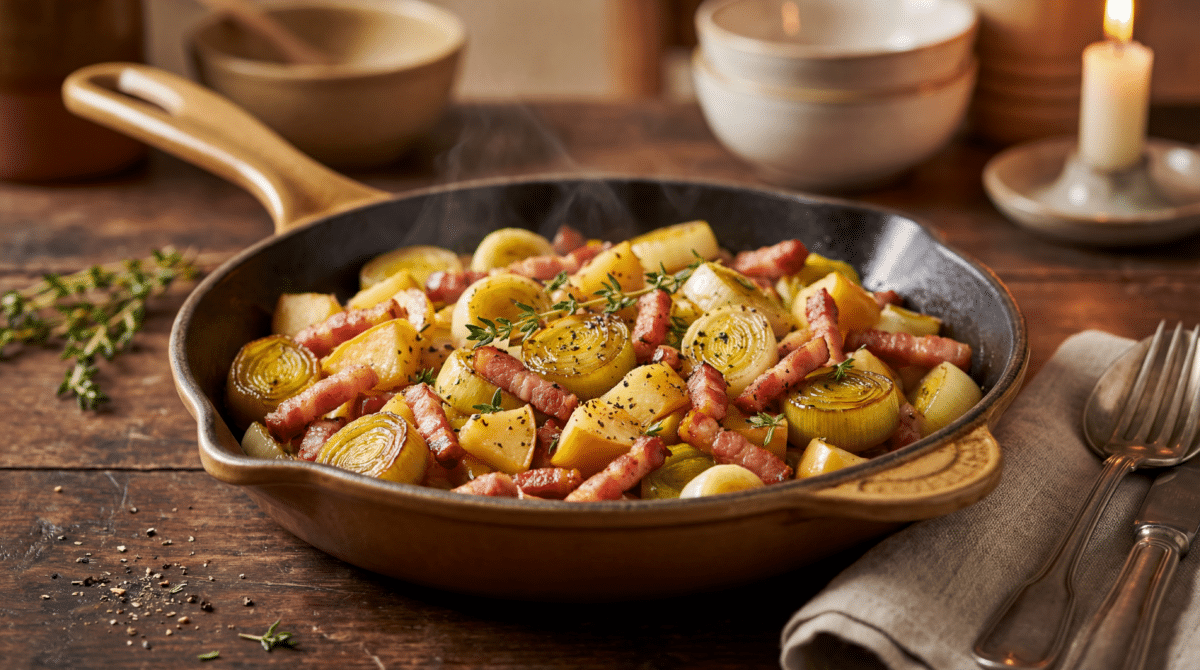Poêlée de poireaux aux pommes et lardons pour soirées d’hiver
