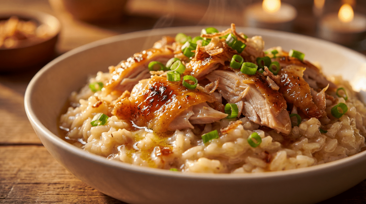 Riz fondant au poulet rôti et oignons verts croquants : la recette gourmande pour sublimer les restes