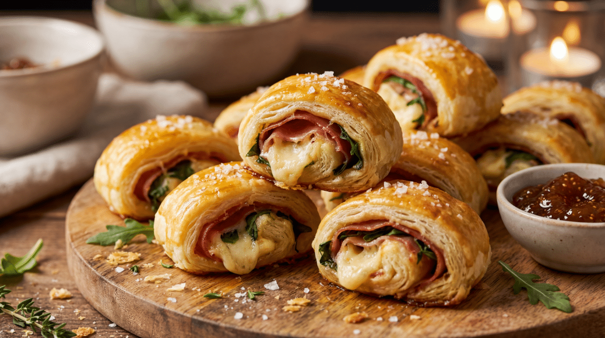 Roulés apéritifs jambon cru-roquette, prêts en un clin d’œil