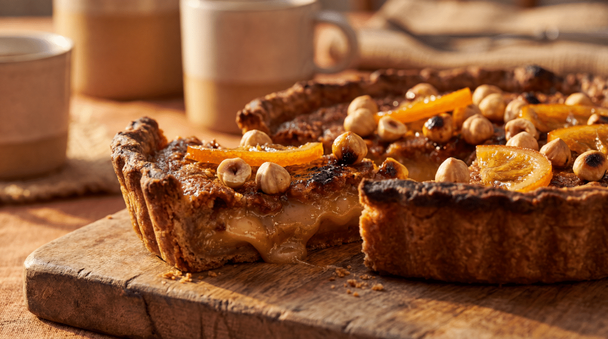 Tarte noisettes et orange : une crème fondante pour un dessert réconfortant qui sublime les saveurs d’automne