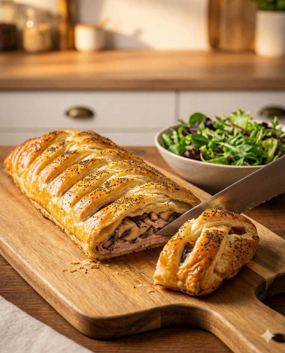 Tresse feuilletée dorée et croustillante aux champignons et jambon, posée sur une planche en bois et en train d'être découpée.