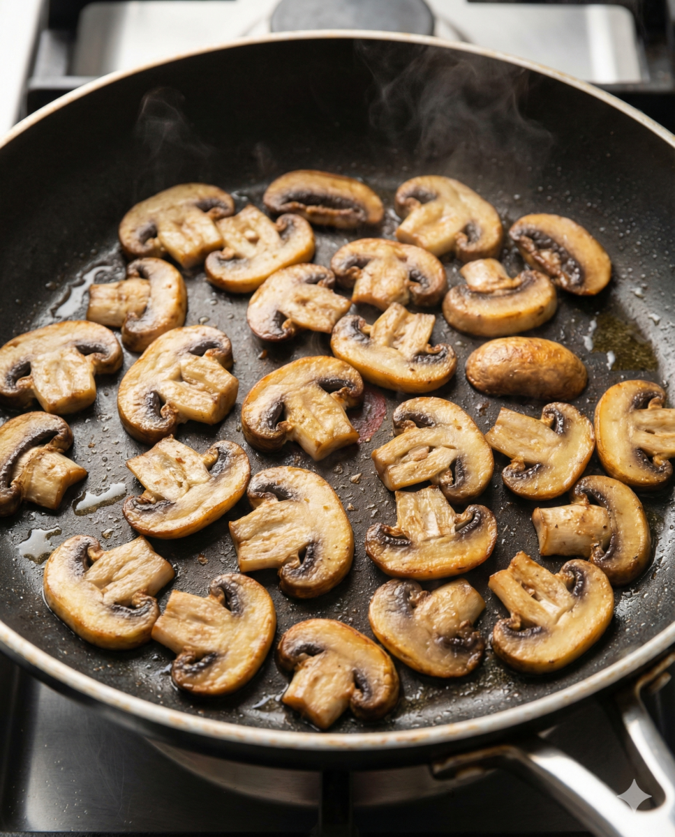 Champignons de Paris en lamelles en train de dorer dans une poêle chaude, sans liquide apparent.