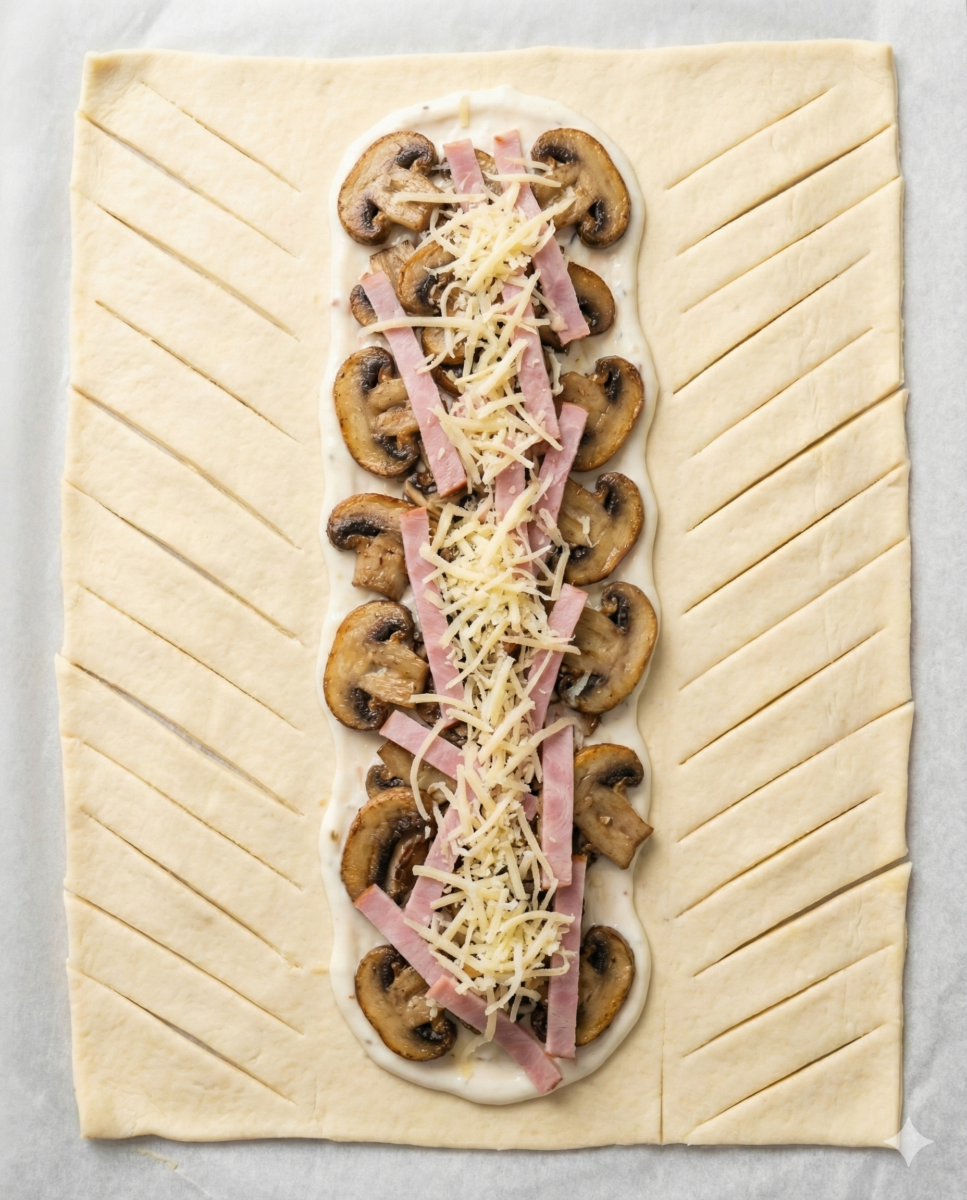 Vue de dessus d'une pâte feuilletée avec la garniture champignons-jambon-fromage disposée au centre et les bords incisés en bandes obliques.