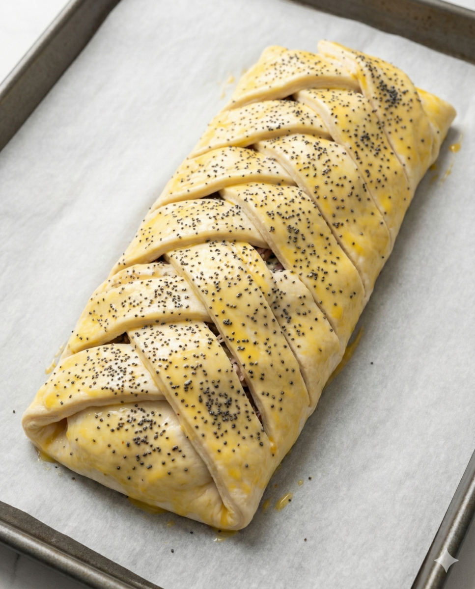Tresse feuilletée crue sur une plaque de cuisson, badigeonnée de jaune d'œuf et saupoudrée de graines de pavot, prête à être enfournée.