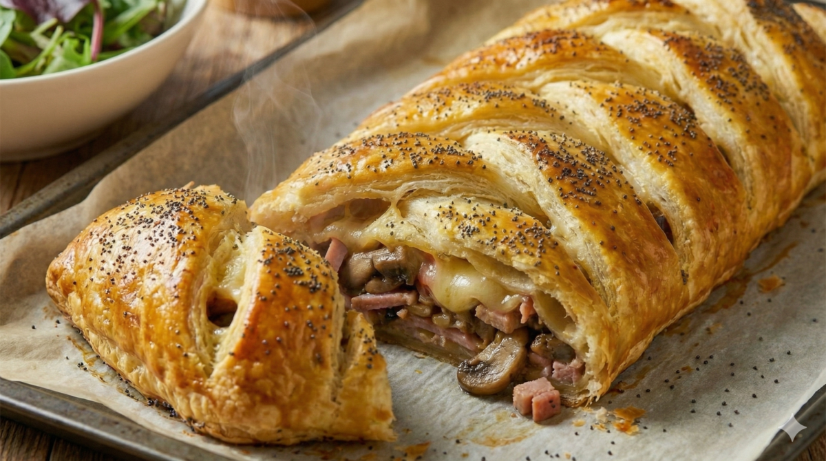 Tresse feuilletée champignons et jambon