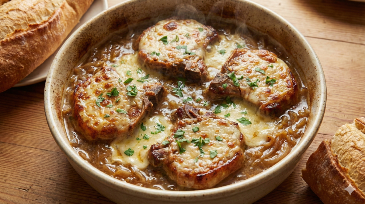 côtelettes gratinées à la soupe à l'oignon