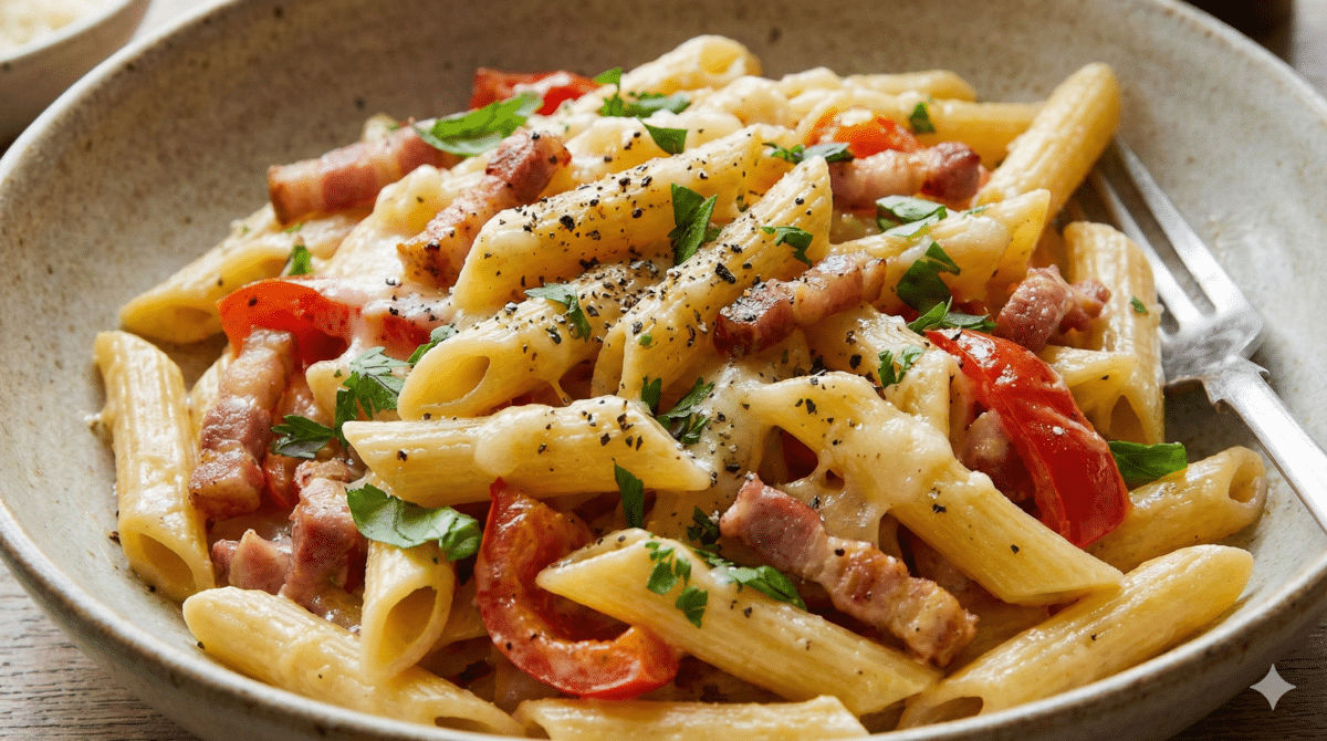 Ces pennes aux lardons, crème et parmesan transforment un dîner pressé en assiette réconfortante