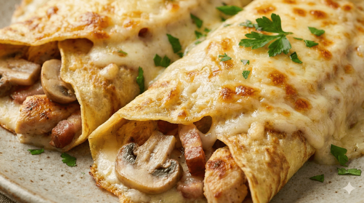 Fondantes, gratinées, ultra gourmandes : les crêpes champignons–poulet nappées de béchamel, parfaites avec une salade