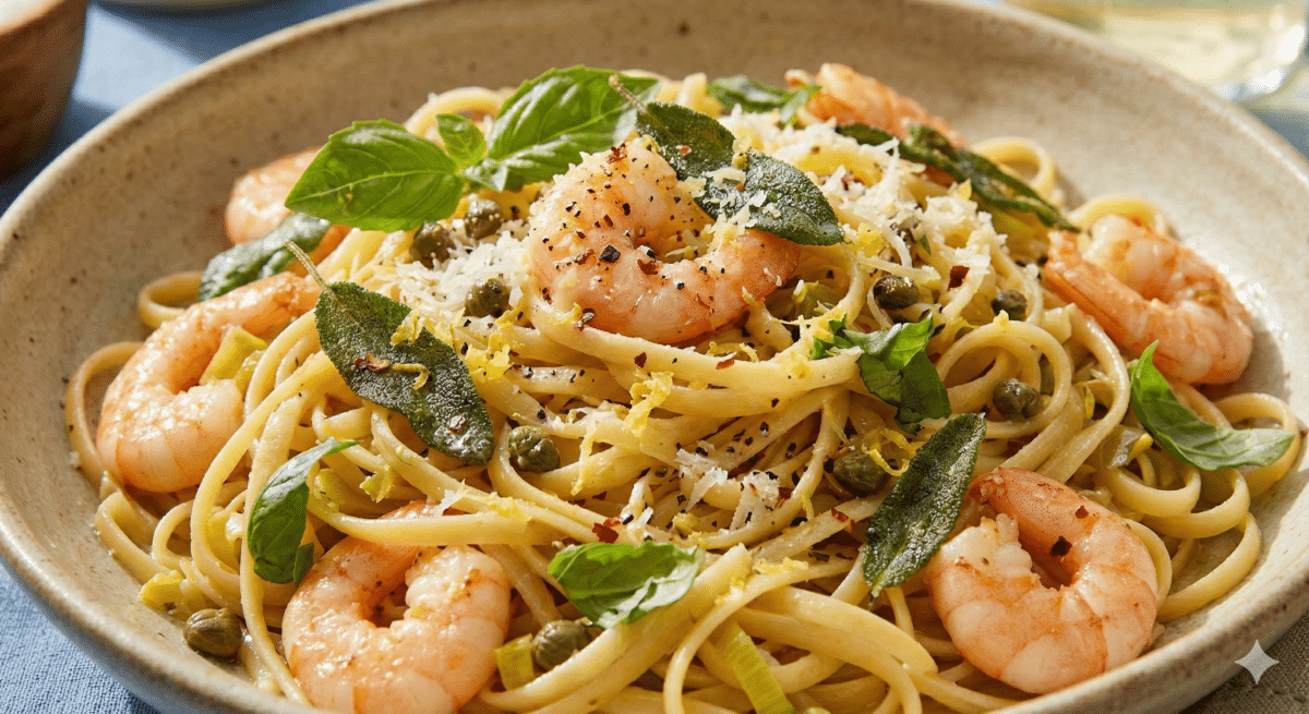 Pâtes aux crevettes, citron & sauge