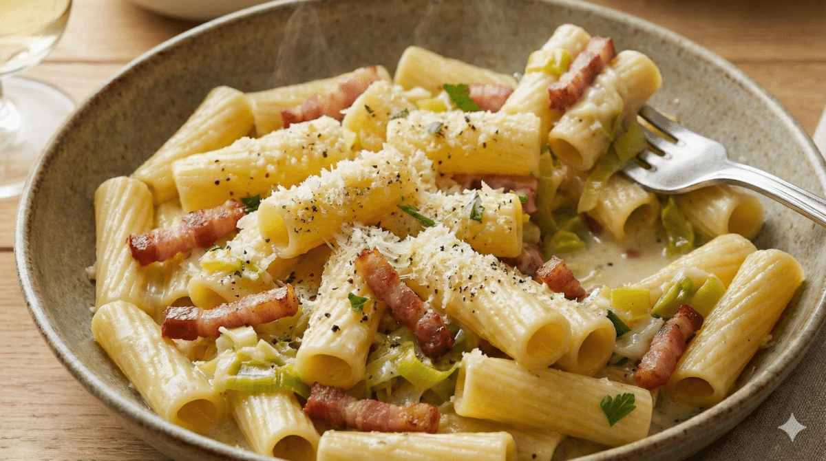 Poireaux fondants et lardons dorés : des pâtes ultra gourmandes avec une sauce brillante, sans aucune crème