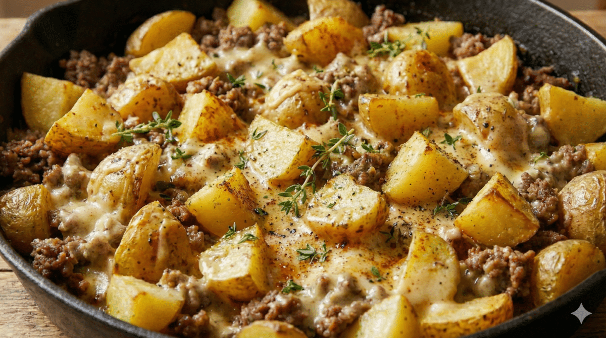 Simple, réconfortant, délicieux : viande hachée et pommes de terre à la poêle, nappées d’une sauce au comté