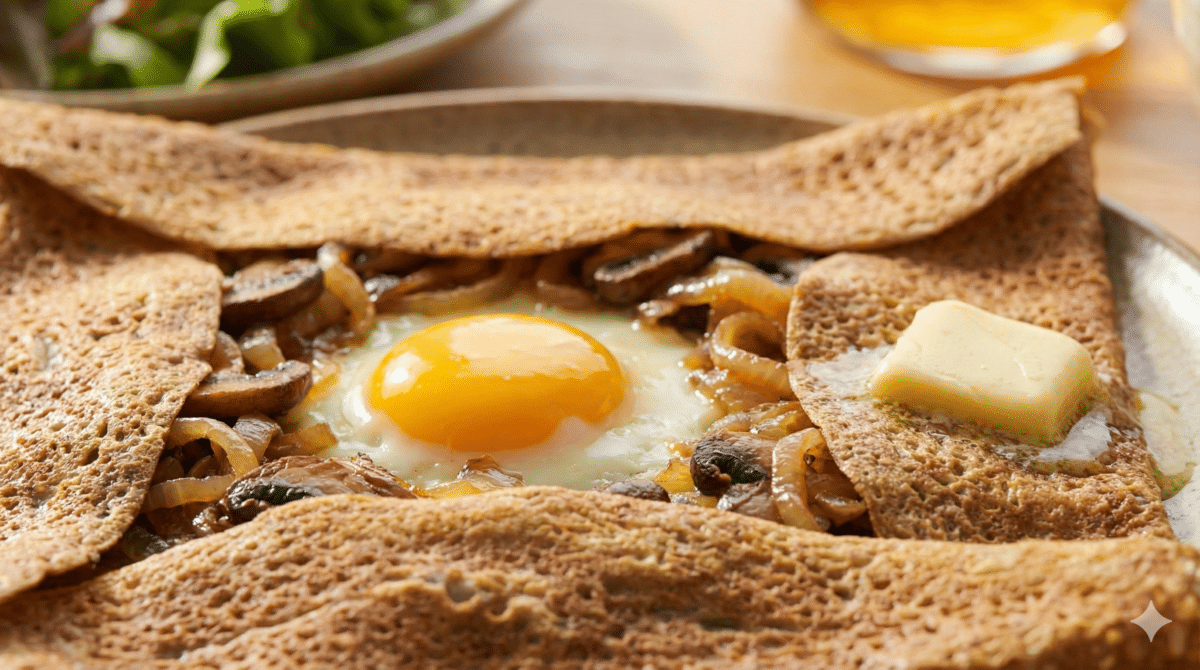 Sous sa pâte kraz bien dorée, cette galette bretonne cache des oignons confits au cidre et un jaune d’œuf coulant
