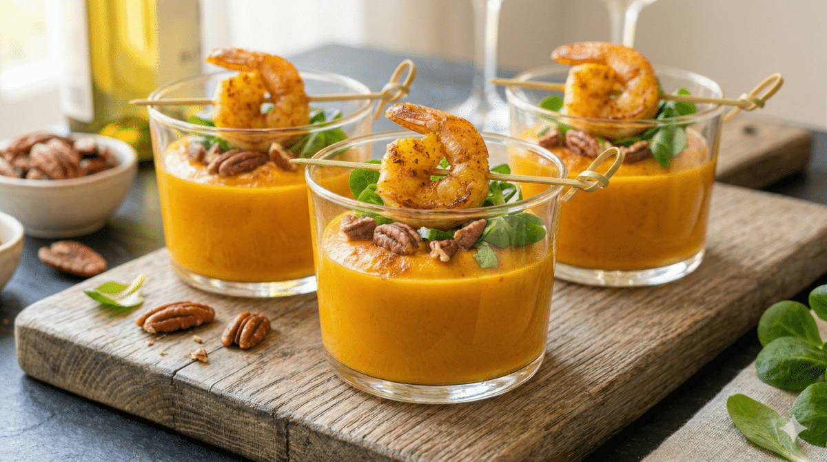 Ces verrines potimarron et crevettes au curry transforment une entrée simple en bouchée chic et ultra réconfortante