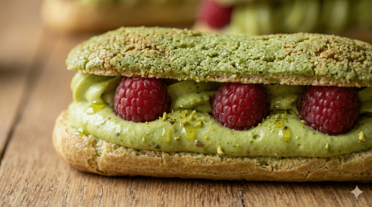 Cette éclair à la pistache et aux framboises transforment un dessert classique en pâtisserie irrésistiblement gourmande