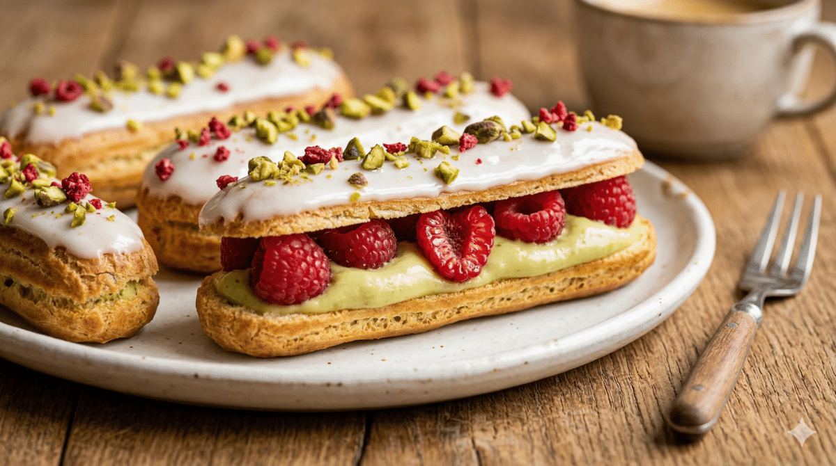 Éclair pistache et framboises : un dessert délicat où la douceur de la crème rencontre la fraîcheur acidulée