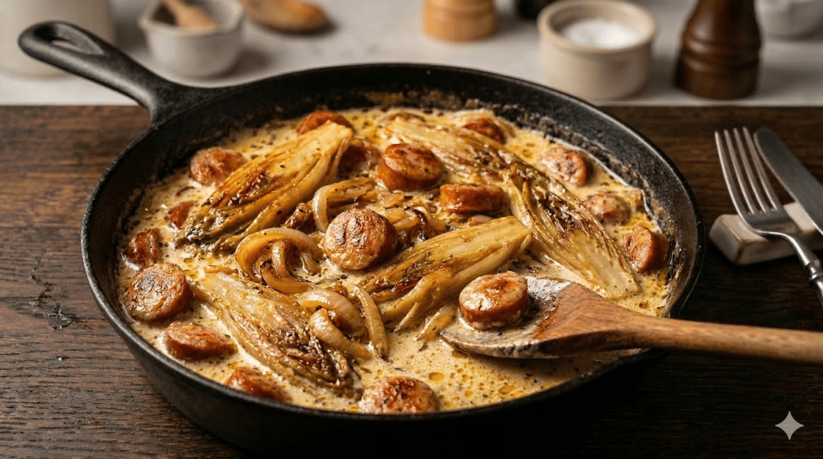 Fondue d’endives crémeuse aux saucisses fumées : un plat réconfortant qui réchauffe les soirées d’hiver