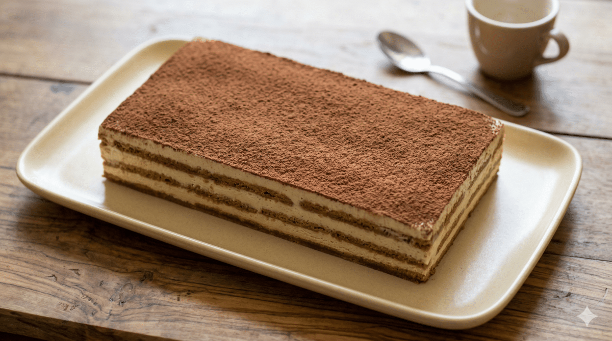 Un gâteau rectangulaire, démoulé, repose sur une plaque de service en céramique mate de couleur crème. La surface est recouverte d'une fine et généreuse couche de cacao en poudre tamisé. Les côtés montrent des couches nets et structurées.