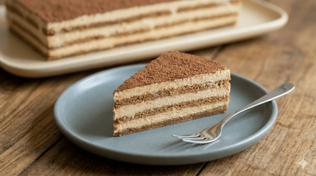 Un gros plan d'une part de gâteau découpée proprement sur une petite assiette en céramique. On distingue clairement les couches de biscuits Petit Beurre imbibés de café et la crème au beurre lisse. Une fourchette à dessert est posée à côté.
