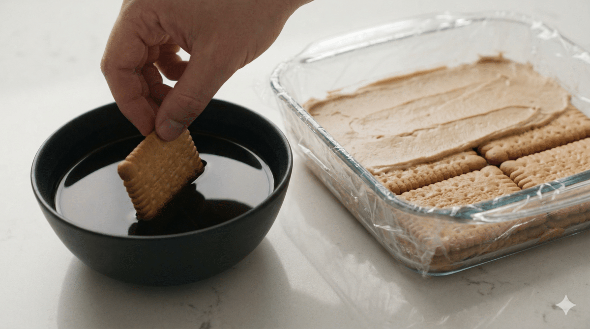 Une main trempe rapidement un biscuit sec dans un bol de café noir froid. Un plat rectangulaire rempli de couches alternées de biscuits et de crème est visible à côté, montrant le montage en cours.