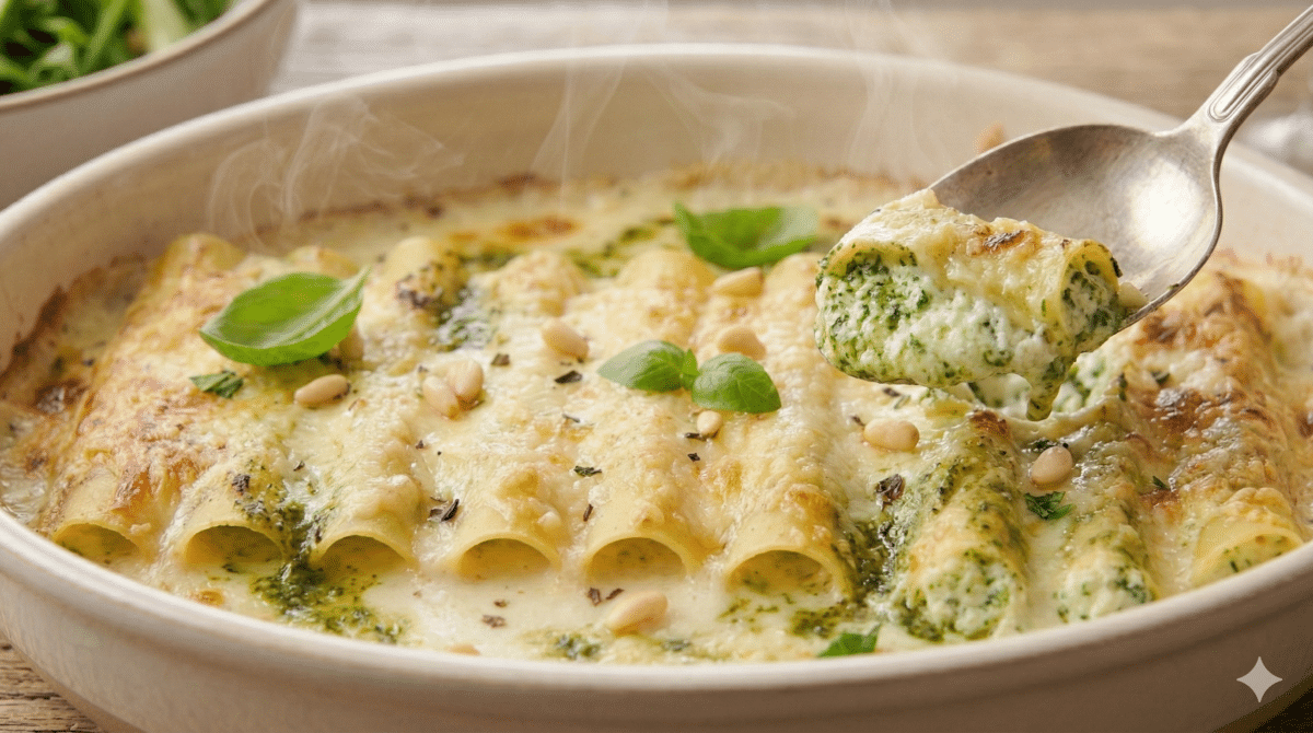 Gratin de cannelloni au pesto et ricotta, ultra fondant