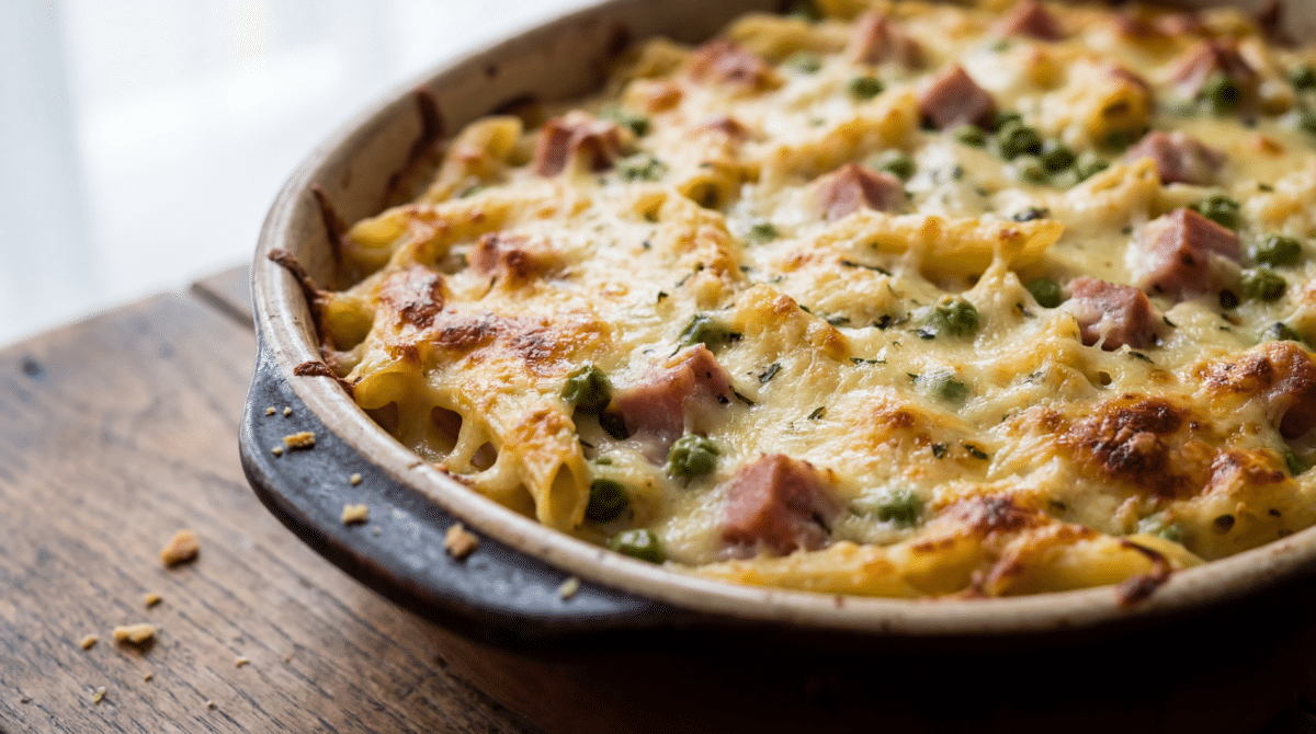 Gratin de pâtes au jambon et petits pois, un plat familial ultra fondant au fromage pour les soirs pressés