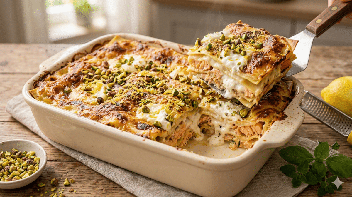 Lasagnes au saumon, burrata et pistaches : un gratin crémeux et raffiné