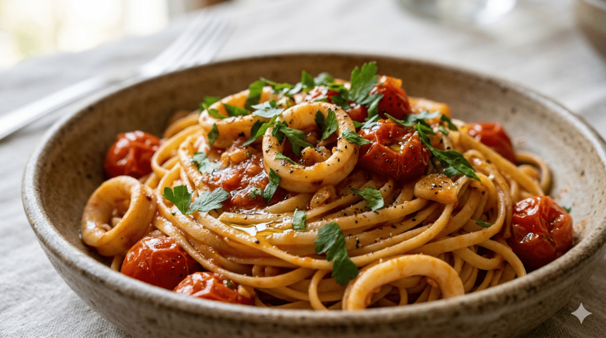 Linguine à la tomate et aux calamars : sauce aux tomates cerises, note iodée