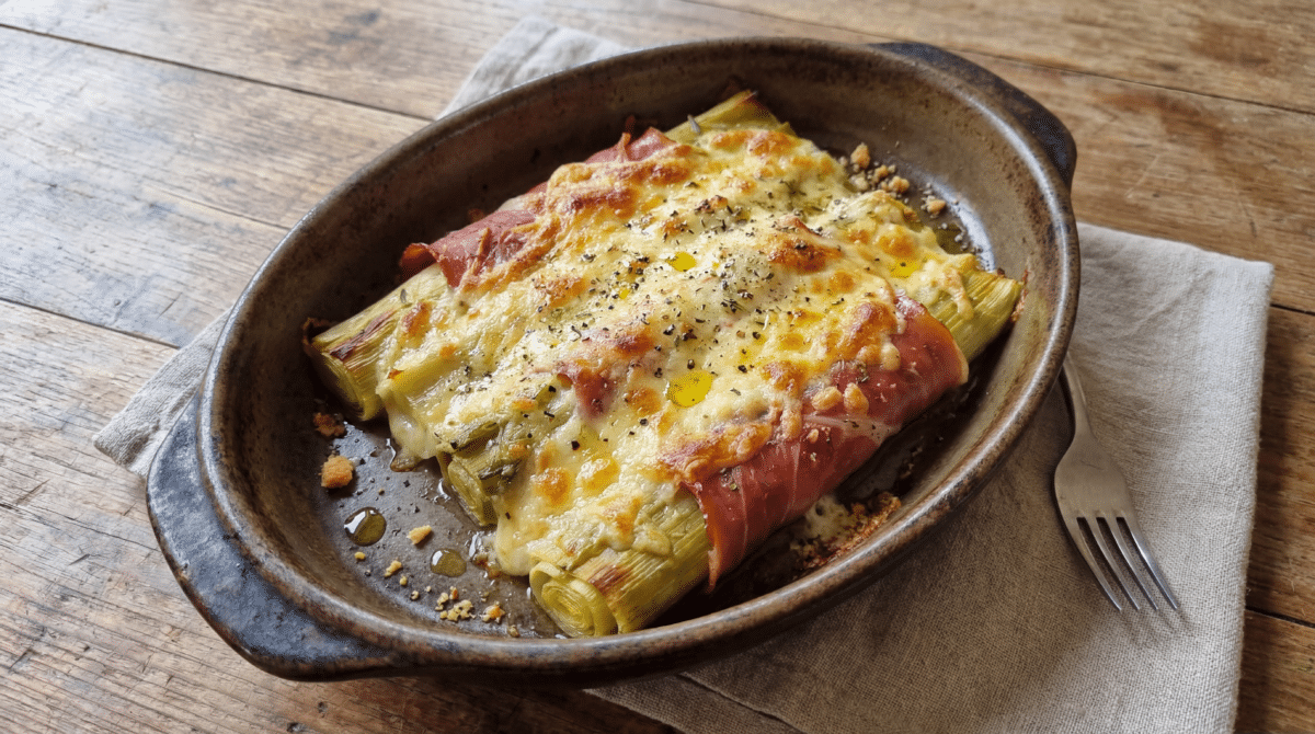 Poireaux gratinés au jambon Serrano et Comté : un plat fondant et réconfortant pour un dîner convivial