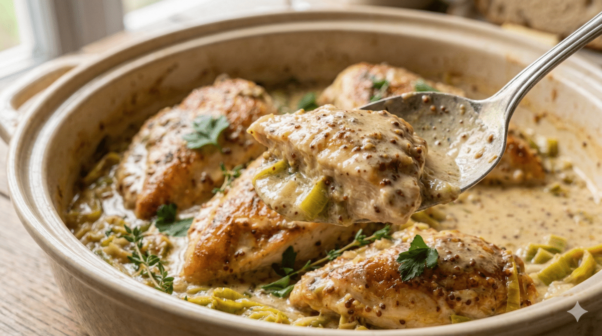Poulet à la moutarde et fondue de poireaux ultra fondante : le plat réconfortant idéal pour l’hiver