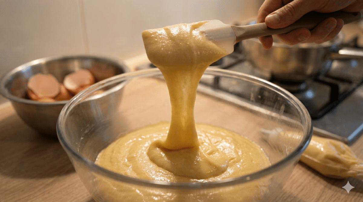 Une spatule en silicone soulève une pâte à choux lisse et brillante d'un saladier en verre, formant un ruban épais et souple qui s'écoule doucement avant de retomber.