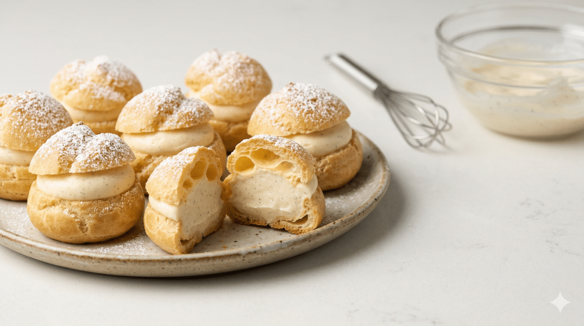 Une photographie en gros plan (16:9) de plusieurs choux à la crème vanillée garnis et saupoudrés de sucre glace, présentés sur une assiette artisanale. Le focus est sur un chou au premier plan, dont l'ouverture de garnissage révèle une crème pâtissière légère et onctueuse, piquée de grains de vanille noirs. L'arrière-plan de la cuisine est flouté et minimaliste, sans fenêtres ni torchons.