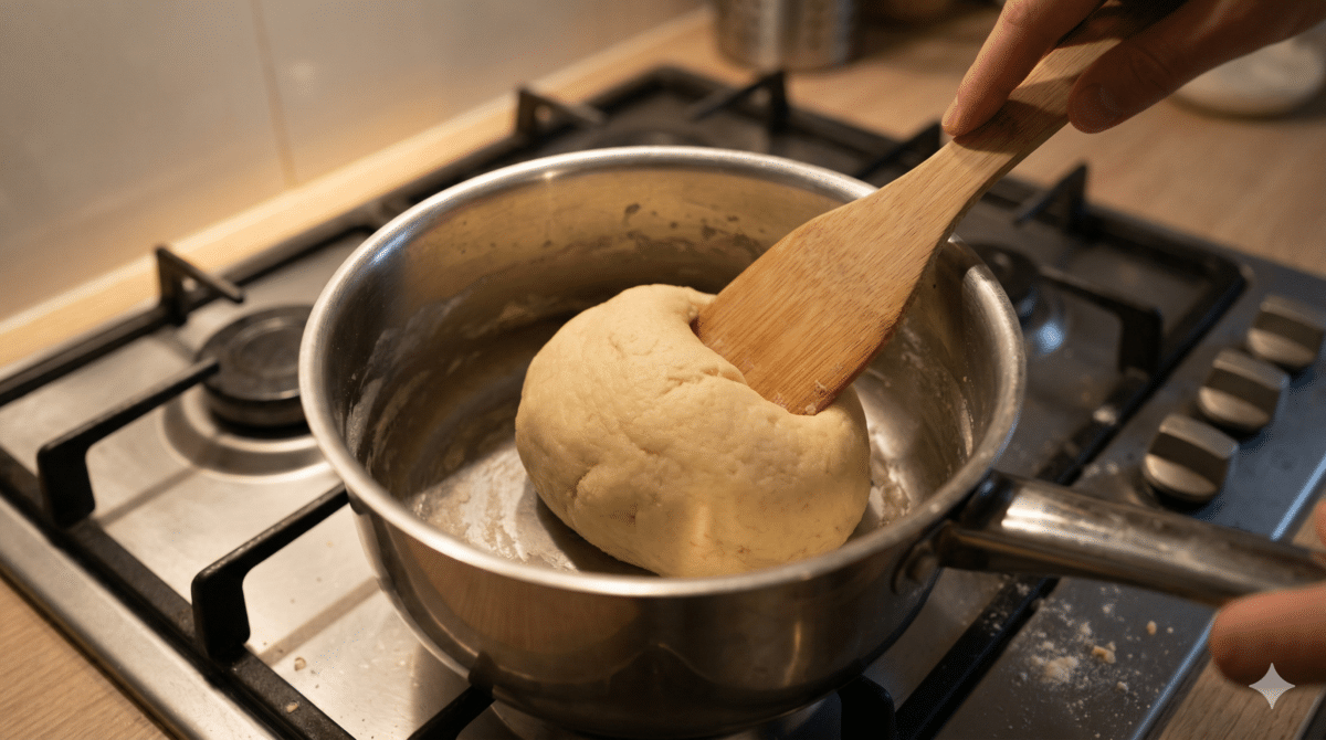 Une spatule en bois remue une masse de pâte à choux compacte qui se détache des parois d'une casserole sur un feu moyen, montrant un léger film au fond.
