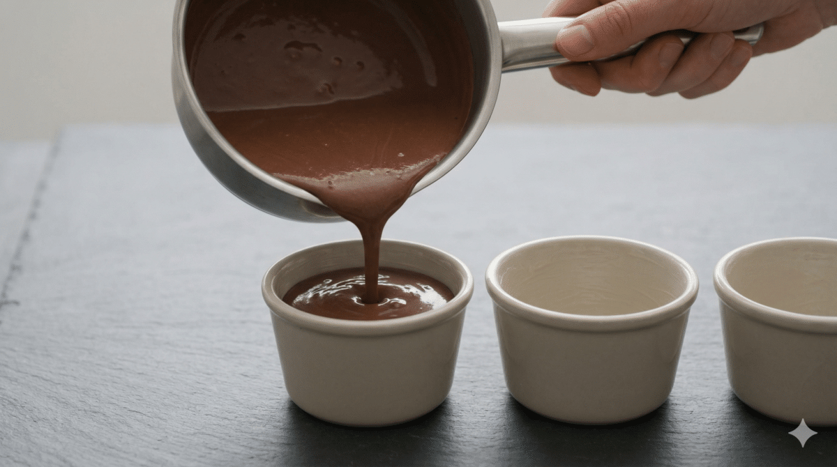 Gros plan sur une main versant une crème au chocolat lisse et onctueuse depuis une casserole en inox dans un ramequin en céramique blanche, avec d'autres moules vides alignés sur un plan de travail en ardoise grise.
