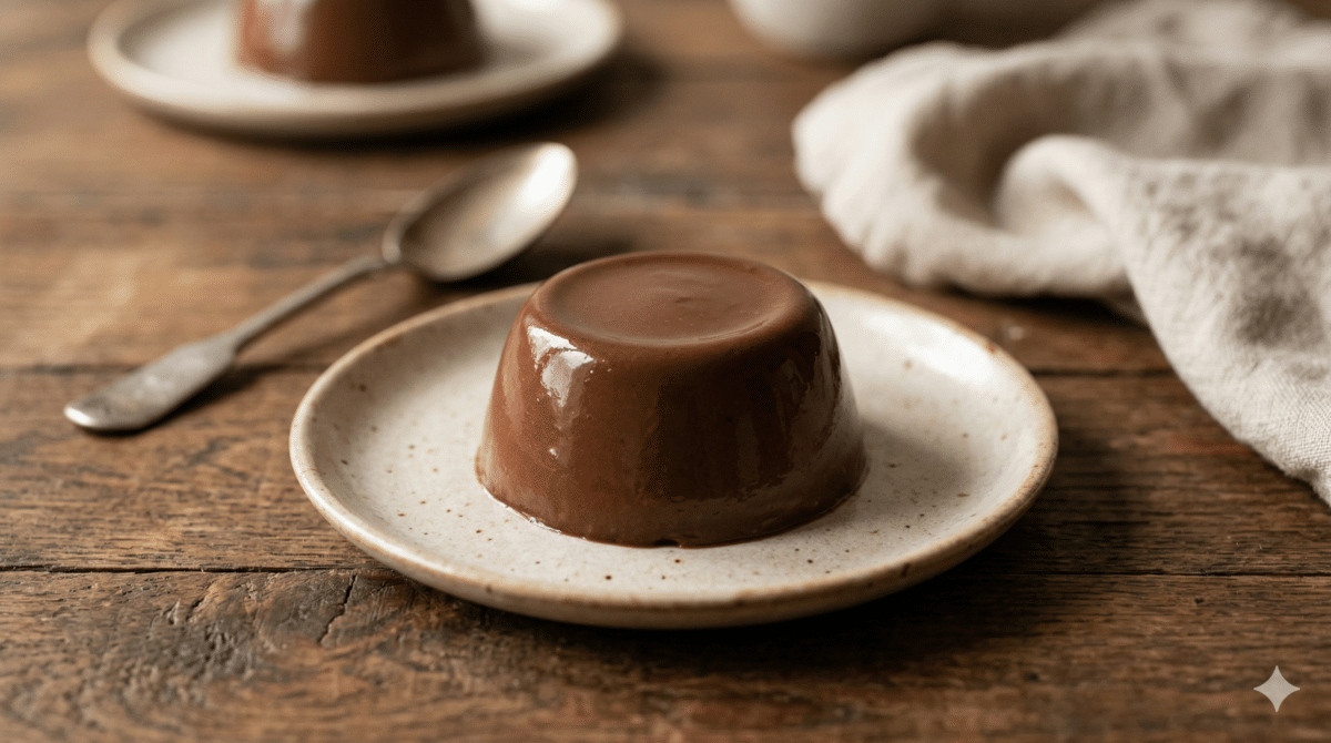 Une crème dessert au chocolat unmoldée et bien lisse, posée sur une petite assiette en céramique mouchetée. Le dessert repose sur une table en bois rustique, avec une cuillère vintage et un linge de maison flou à l'arrière-plan.