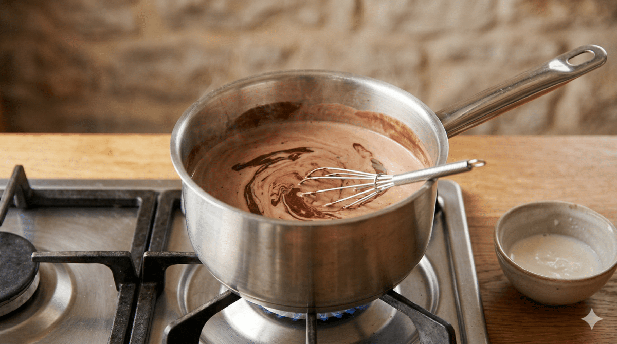 Gros plan d'une casserole en inox sur un feu doux, où du chocolat noir fond dans du lait chaud en créant des tourbillons brillants. Un fouet mélange doucement la préparation lisse et crémeuse.