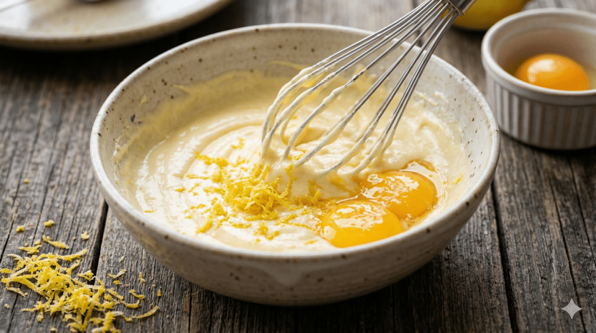 Un plan rapproché détaillé montre un fouet mélangeant des jaunes d'œufs et du zeste de citron râpé dans une base de mascarpone crémeuse, dans un bol en céramique.