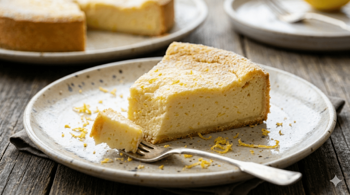 Zoom sur une part de fondant au citron sur une assiette, montrant une texture interne ultra-fondante, parsemée de zestes fins.