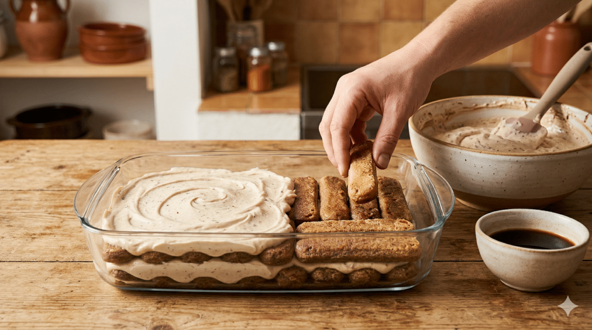 Photographie d'une main déposant des biscuits cuillère imbibés de café dans un plat en verre pour former les couches d'un tiramisu au Nutella. À côté du plat, un bol contient la crème au mascarpone et au Nutella, ainsi qu'une petite tasse d'espresso. L'arrière-plan montre une étagère de cuisine avec des pots d'épices, sans fenêtre ni torchon.