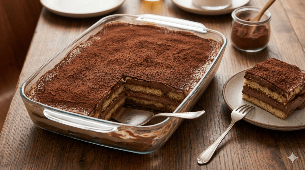 Vue rapprochée d'un tiramisu au Nutella sans œufs dans un plat en verre rectangulaire posé sur une table en bois. Une part est servie sur une petite assiette à côté, dévoilant la superposition précise des biscuits imbibés et de la crème onctueuse, le tout saupoudré de cacao amer.