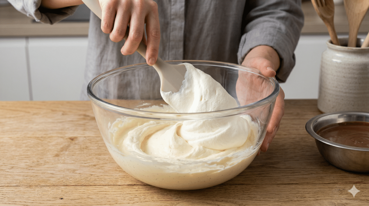 Une photo en gros plan montre des mains utilisant une maryse en silicone pour incorporer de la crème fouettée aérienne dans une base de mascarpone lisse dans un bol en verre transparent, sur un plan de travail en bois.