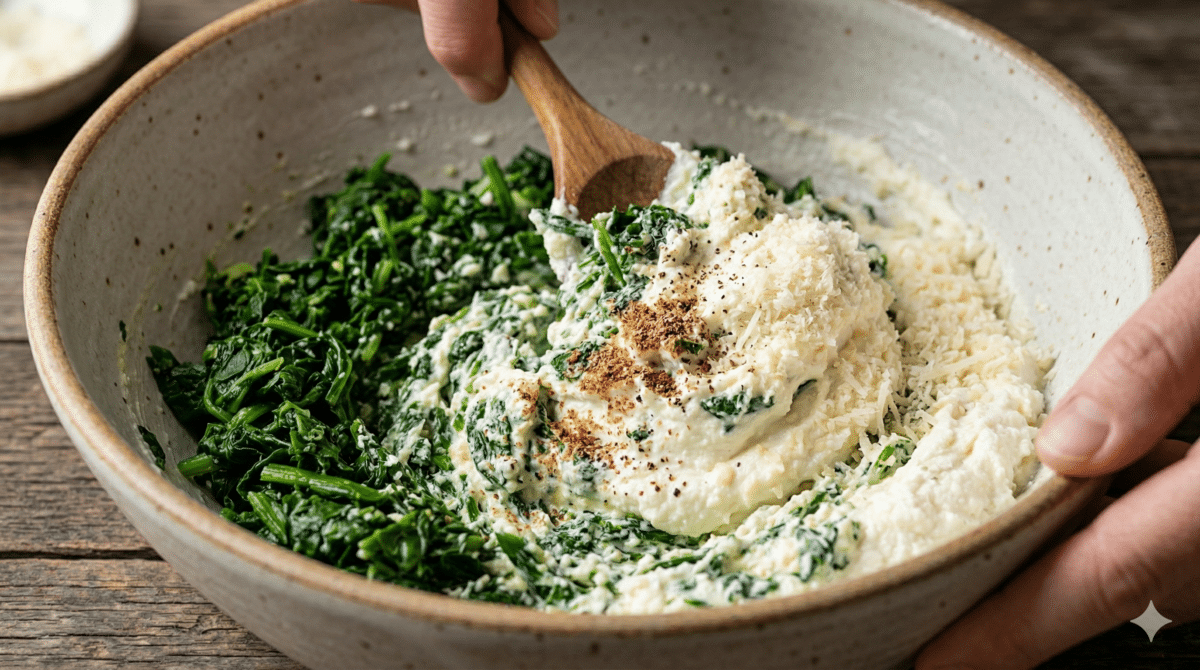 Un plan rapproché détaillé montre de la ricotta crémeuse et des épinards hachés en train d'être mélangés dans un bol en céramique pour la farce de la Torta Pasqualina. L'éclairage naturel met en évidence les textures onctueuses et granuleuses.