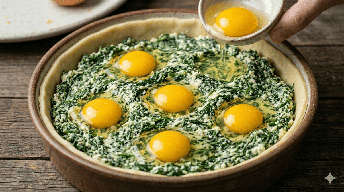 Vue de dessus d'un plat à tarte en céramique rempli de la garniture aux épinards et à la ricotta, montrant des œufs crus nichés dans de petits creux avant d'être scellés sous la pâte feuilletée.