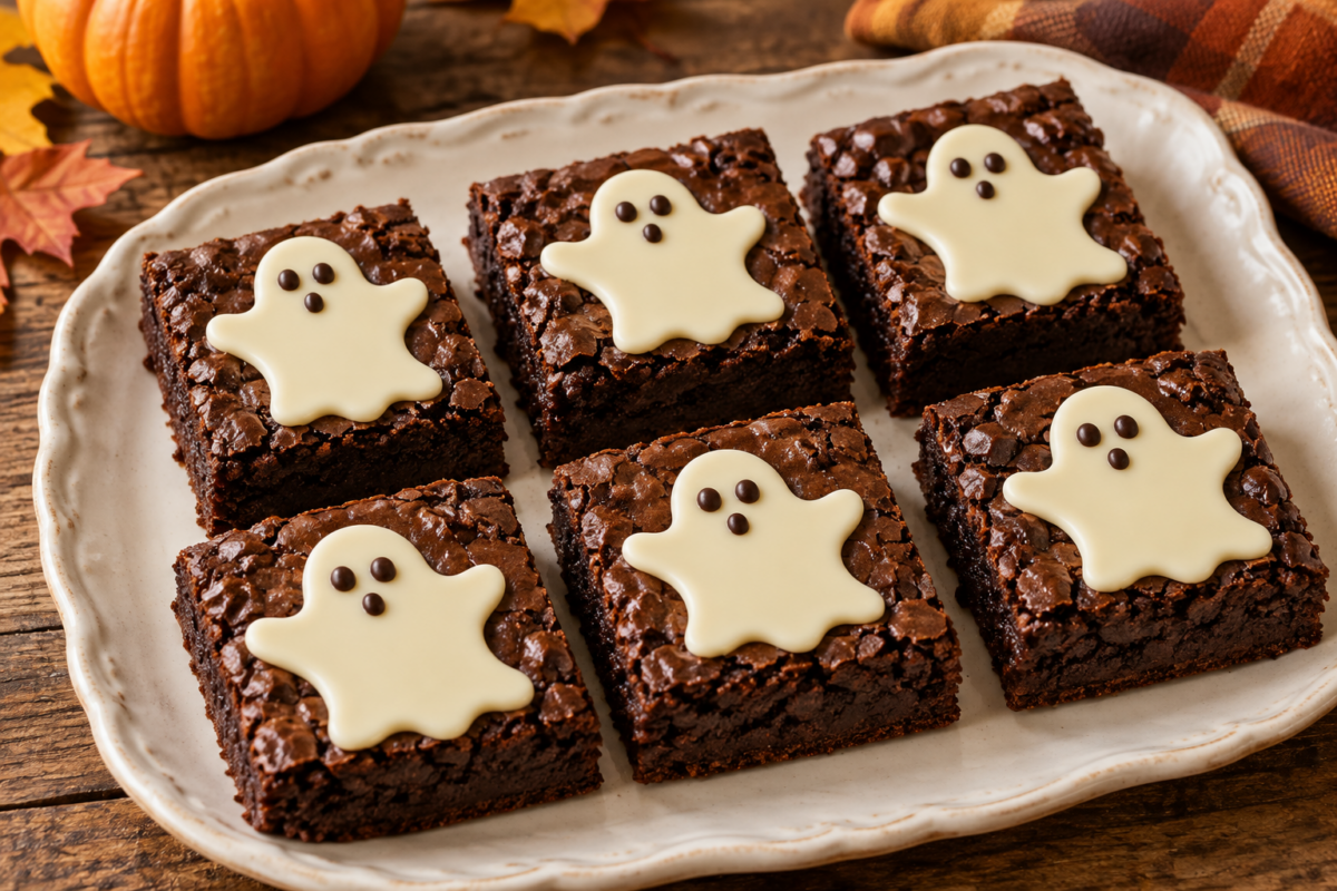 Carrés de brownie au chocolat décorés de fantômes plats en chocolat blanc