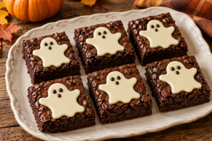 Carrés de brownie au chocolat décorés de fantômes plats en chocolat blanc