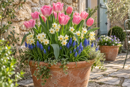 Illustration du résultat printanier : tulipes roses, narcisses et muscaris fleuris dans un pot en terre cuite