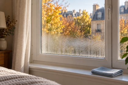 Gouttelettes de condensation sur le bas d’une fenêtre et chiffon posé sur le rebord