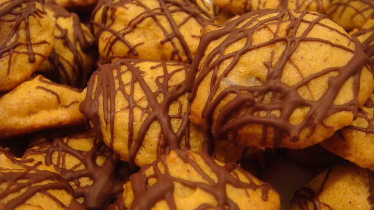 Cookies à la courge et aux pépites de chocolat décorés de filets de chocolat — photo de Megan Chromik