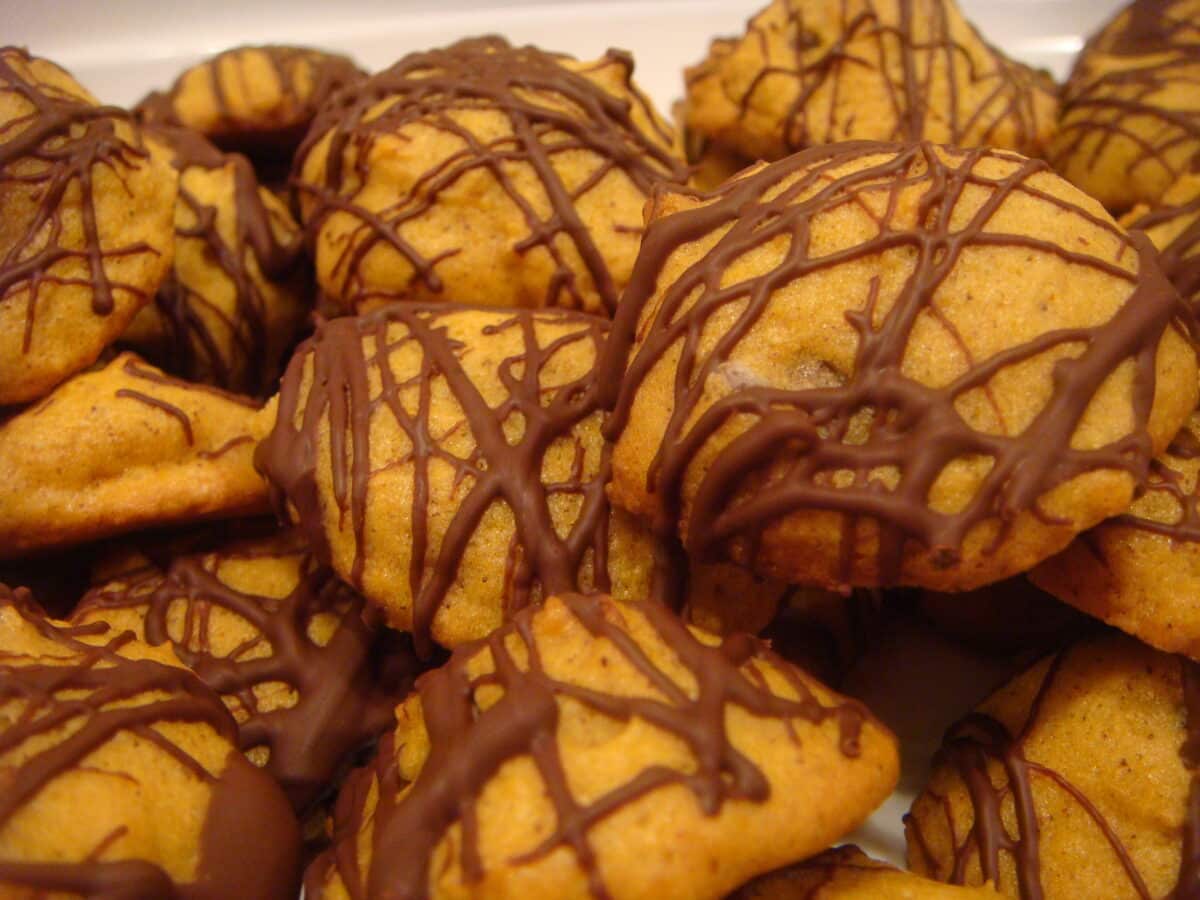 Cookies à la courge et aux pépites de chocolat décorés de filets de chocolat — photo de Megan Chromik