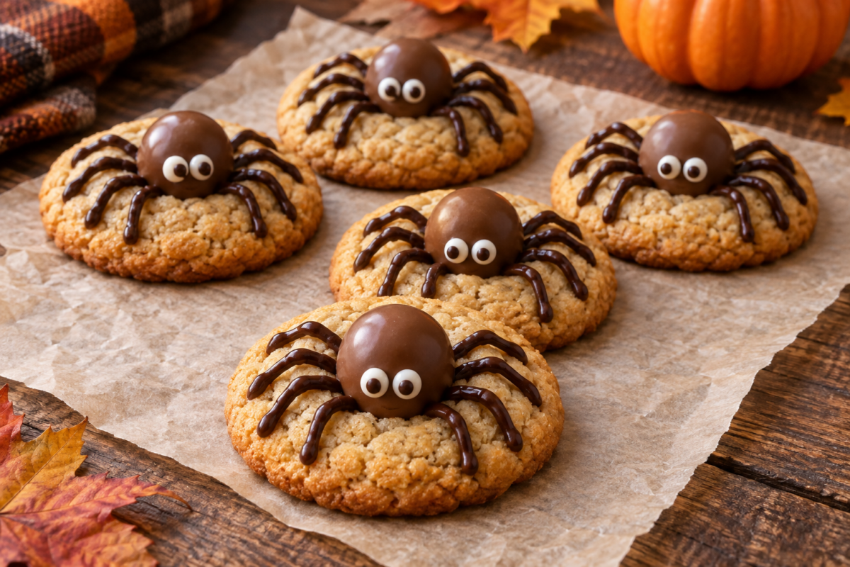 Cookies dorés décorés de truffes en chocolat, de huit pattes et de petits yeux comestibles