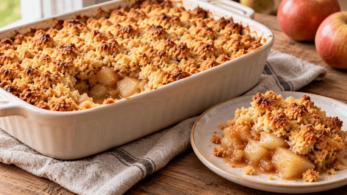 Crumble doré aux pommes avec une portion servie laissant voir les fruits — illustration générée par IA